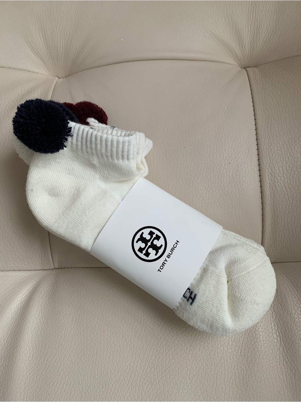 Tory Burch Socks with Burgundy, Black and White Pom Poms NWT - Picture 3 of 5